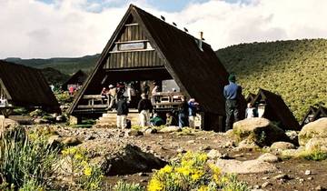 Hut in a rustic mountain setting surrounded by greenery.