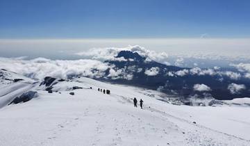 Hikers on a snowy trail with a mountain in the distance.