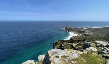 Sweeping coastline with cliffs and ocean.
