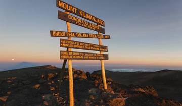 Signpost at Mount Kilimanjaro's summit with a sunrise backdrop.