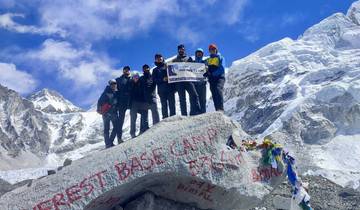 Hiking team standing on a rock at Everest Base Camp.