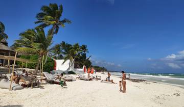 Beach scene with people relaxing on sunbeds.