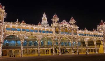 Illuminated palace at night with decorative lights.