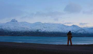 A person standing by a large lake with snowy mountains in the background.