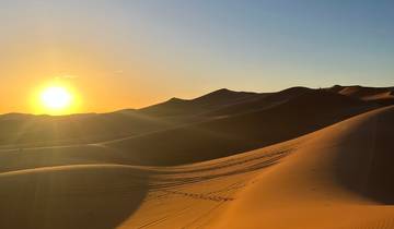 Dunes of the Sahara Desert during sunset, casting shadows on the sand.