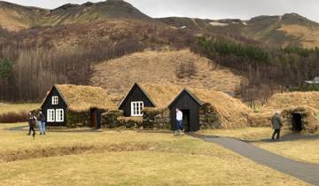 Grass-roofed houses on a green landscape with hills in the distance.