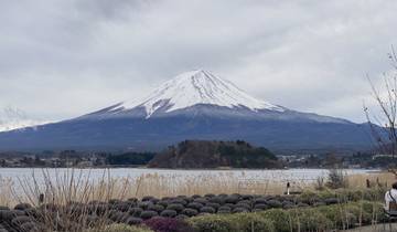 Beautiful view of snow-capped Mount Fuji with a lake and foreground landscape.