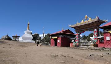 Stupa and traditional buildings in a village.