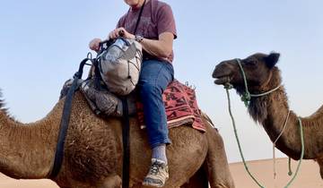Person riding a camel in a desert landscape.