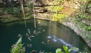 Cenote with people swimming and lush vegetation.
