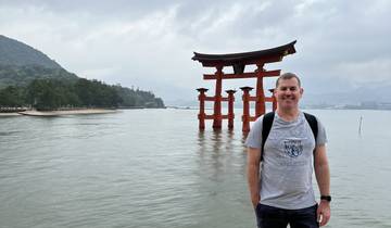 Person standing in front of a Torii gate in the water.