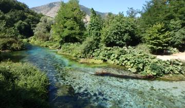 Pristine river surrounded by lush vegetation and mountains.