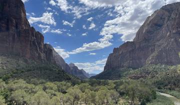 A stunning view of Zion National Park with towering cliffs.
