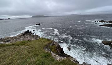 Dramatic coastal cliffs with foreground grass and crashing waves.