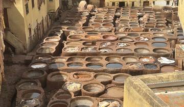 An aerial view of a traditional tannery with leather dyeing vats.