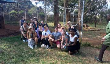 Group of tourists posing by a fence in a park setting.
