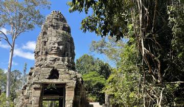 Ancient stone temple gate with a carved face.