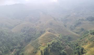 Expansive view of terraced hills shrouded in mist.