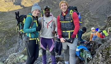 Group of hikers resting with mountain scenery.