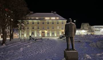 A night scene of a statue with a snowy city backdrop.