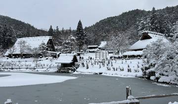 Snow-covered traditional houses by a frozen pond.