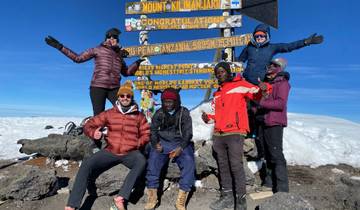 Group of people celebrating at Uhuru Peak with a sign showing the elevation.