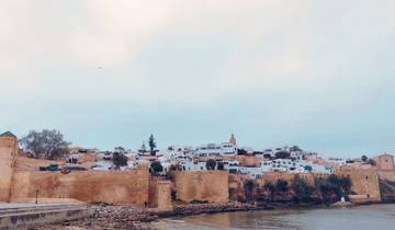 Historic cityscape by the sea with stone walls.