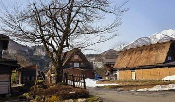 Traditional Japanese village with snow and mountains.