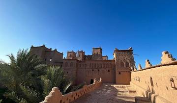 Clay castles with ornate designs surrounded by palms.