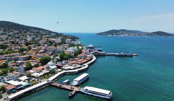 Aerial view of a coastal city with harbors and boats.