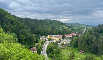 Panoramic view of a lush green valley with buildings.