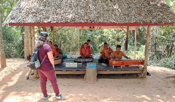 Person watching traditional musicians perform under a hut.