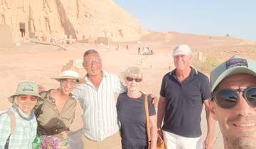 Group of tourists posing at the Abu Simbel temples.