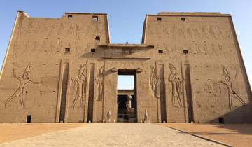 Entrance to an ancient Egyptian temple with hieroglyphics.