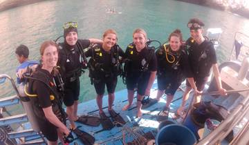 Group of people in scuba diving gear on a boat.