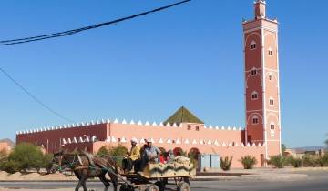 Two people on a horse cart passing a pink building with a tower.