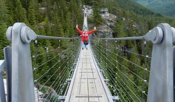 Person having fun on a suspension bridge over a forested area.