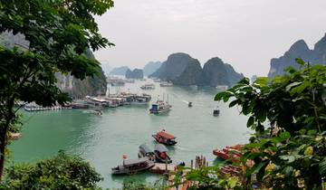 Harbor view of boats and limestone formations with greenery.