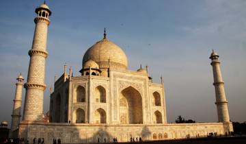 The Taj Mahal basking in the golden light of sunset.