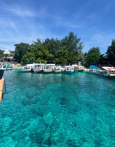 Clear blue water with boats and lush trees.