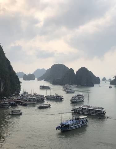 Numerous boats on the water with limestone karsts landscape.