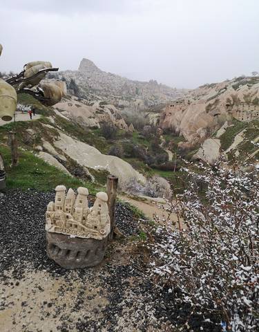 Panoramic view of a scenic landscape in Cappadocia with unique rock formations.