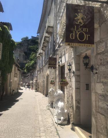 Historic street with stone buildings and lion statutes.