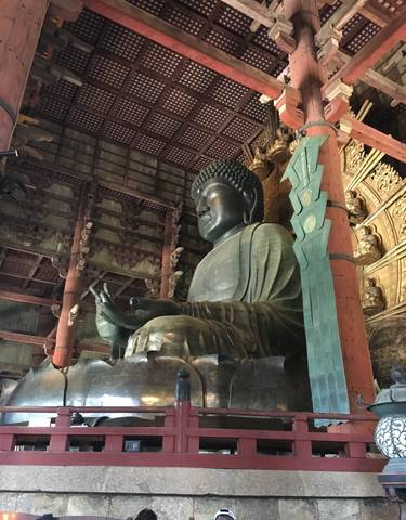 Large statue of Buddha inside a traditional temple setting.