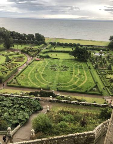 Aerial view of an intricately designed garden with pathways