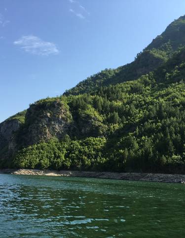 Scenic view of a lush green mountain and a river.