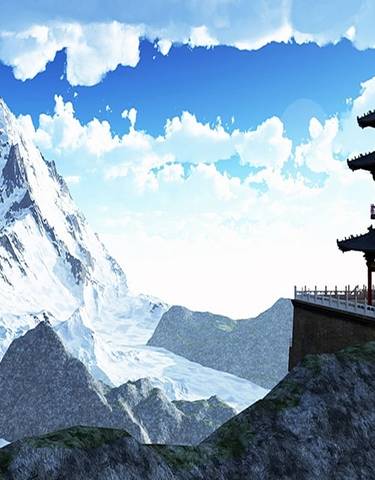 Pagoda on a mountain with snow-covered peaks.
