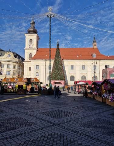Christmas market with a large tree and historic buildings.