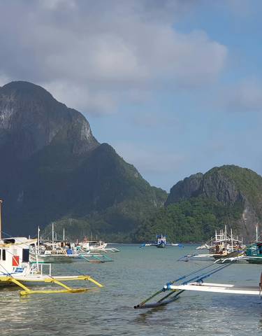 Boat-filled port with towering rock formations.