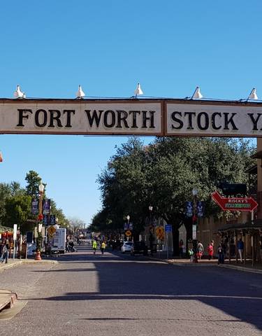 Fort Worth Stock Yards entrance with street view.